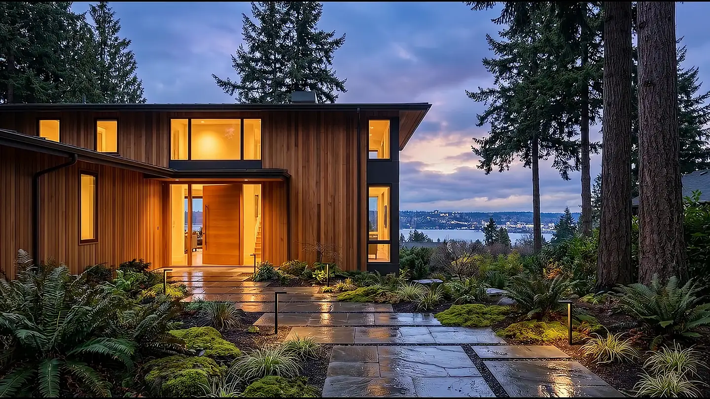 A cedar-clad home among Douglas firs at dusk, its front door open and lit, a wet stone path leading to it, Lake Washington and the Bellevue skyline beyond