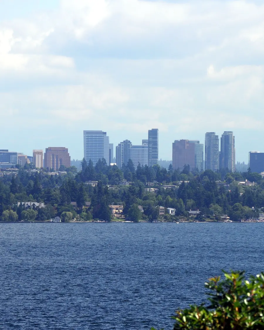 The Bellevue skyline across Lake Washington, seen from Madrona in Seattle