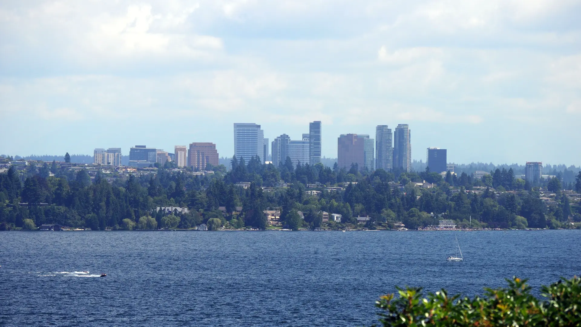 The Bellevue skyline across Lake Washington, seen from Madrona in Seattle