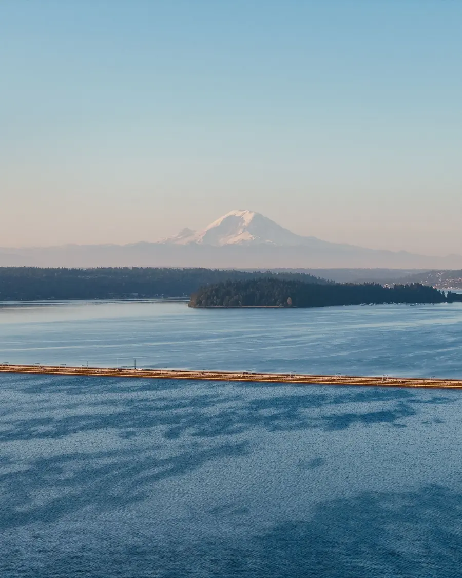 Puget Sound at dusk with Mount Rainier on the horizon