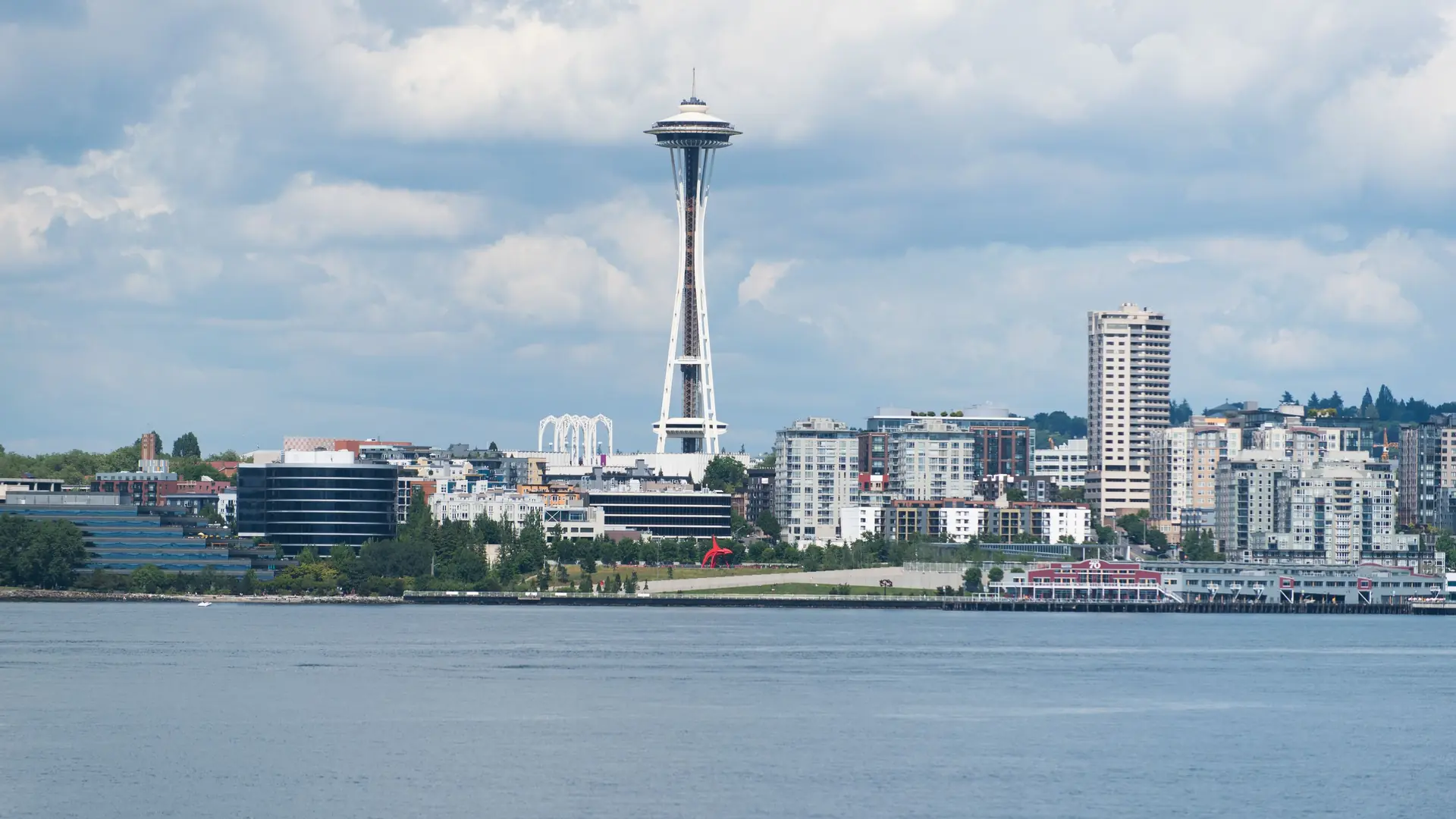The Seattle skyline and Space Needle across the water of Elliott Bay