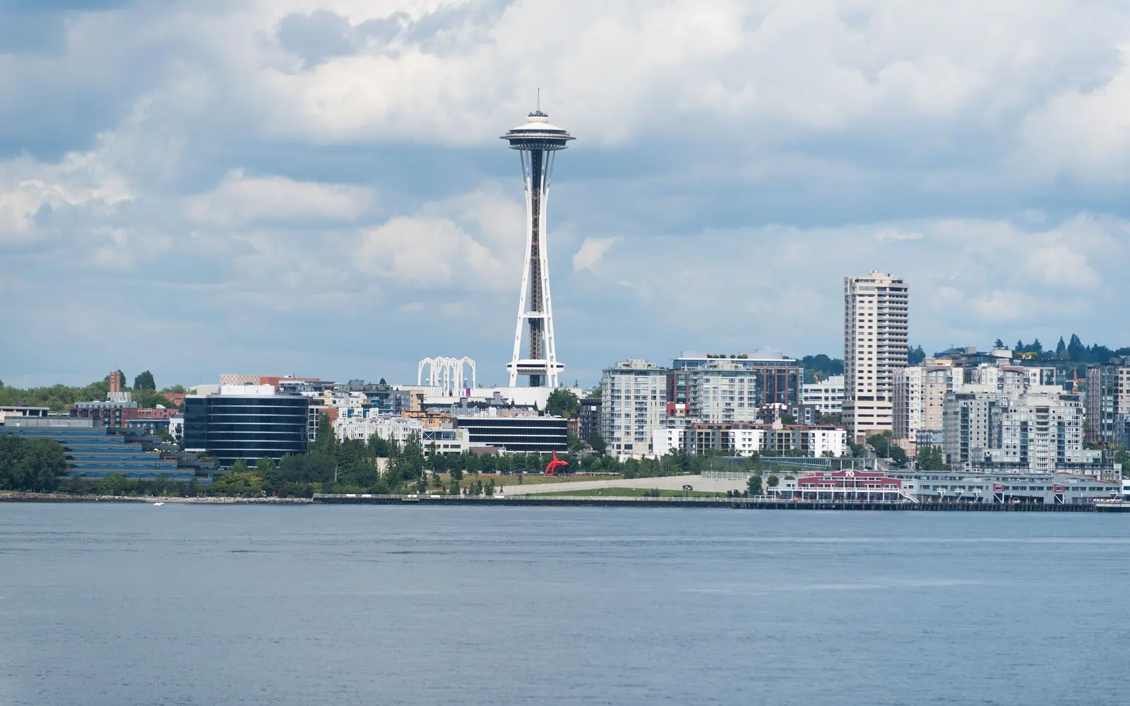 The Seattle skyline and Space Needle across the water of Elliott Bay